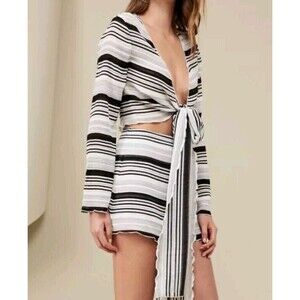 NWT Finders Keepers‎ Striped Black White Bell Sleeve Bow Wrap Blouse Size  S